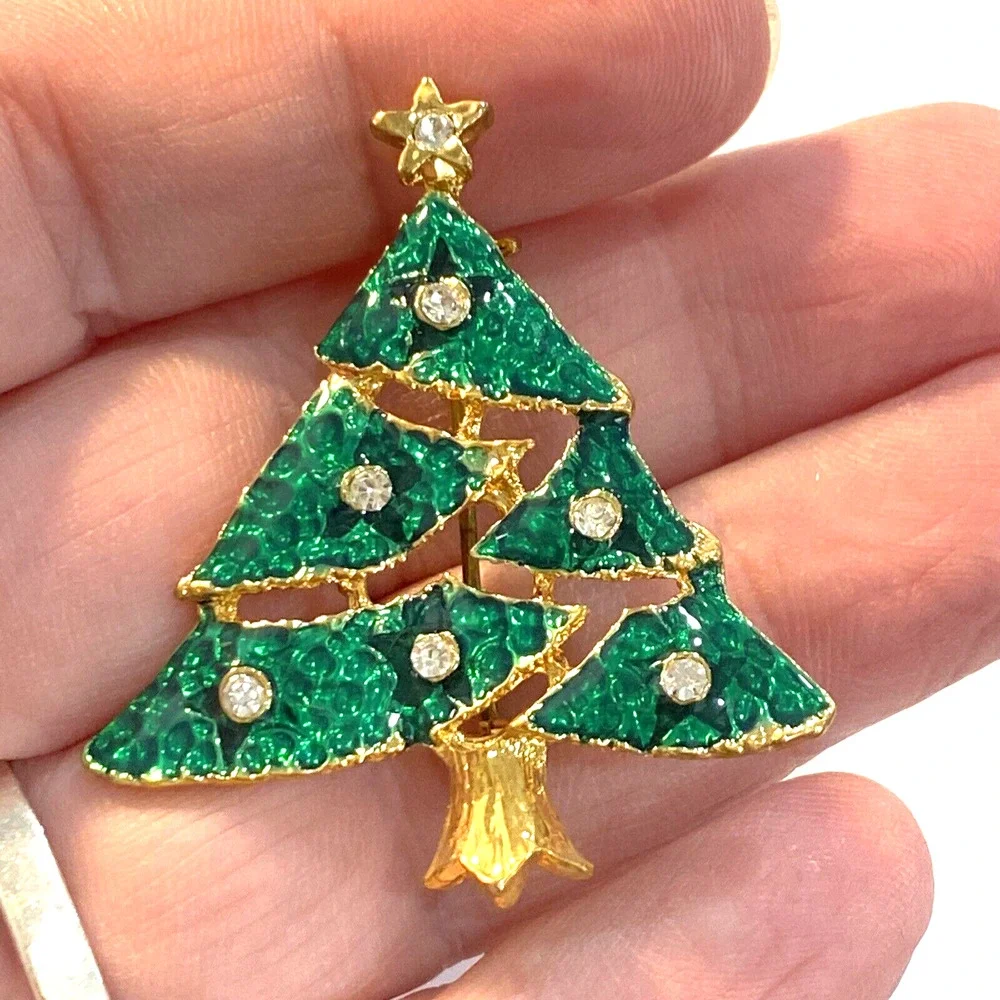 Vintage christmas tree brooch gold & green enamel pin festive holiday rhinestone